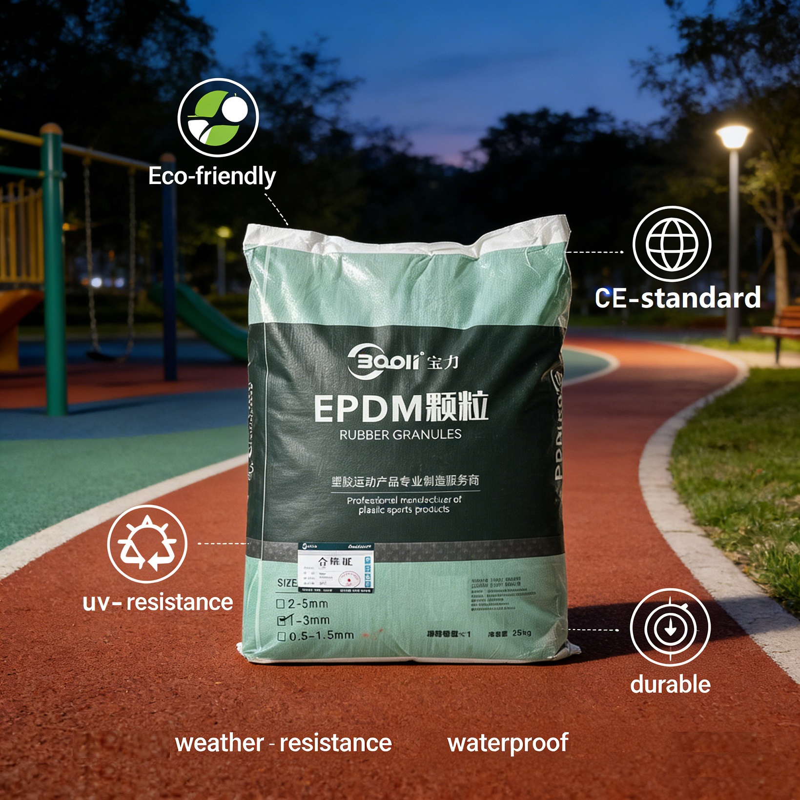 Gr&aacute;nulos de caucho EPDM de caucho virgen de alto contenido est&aacute;ndar CE para pisos deportivos, superficie de pistas y parques infantiles, construcci&oacute;n f&aacute;cil
